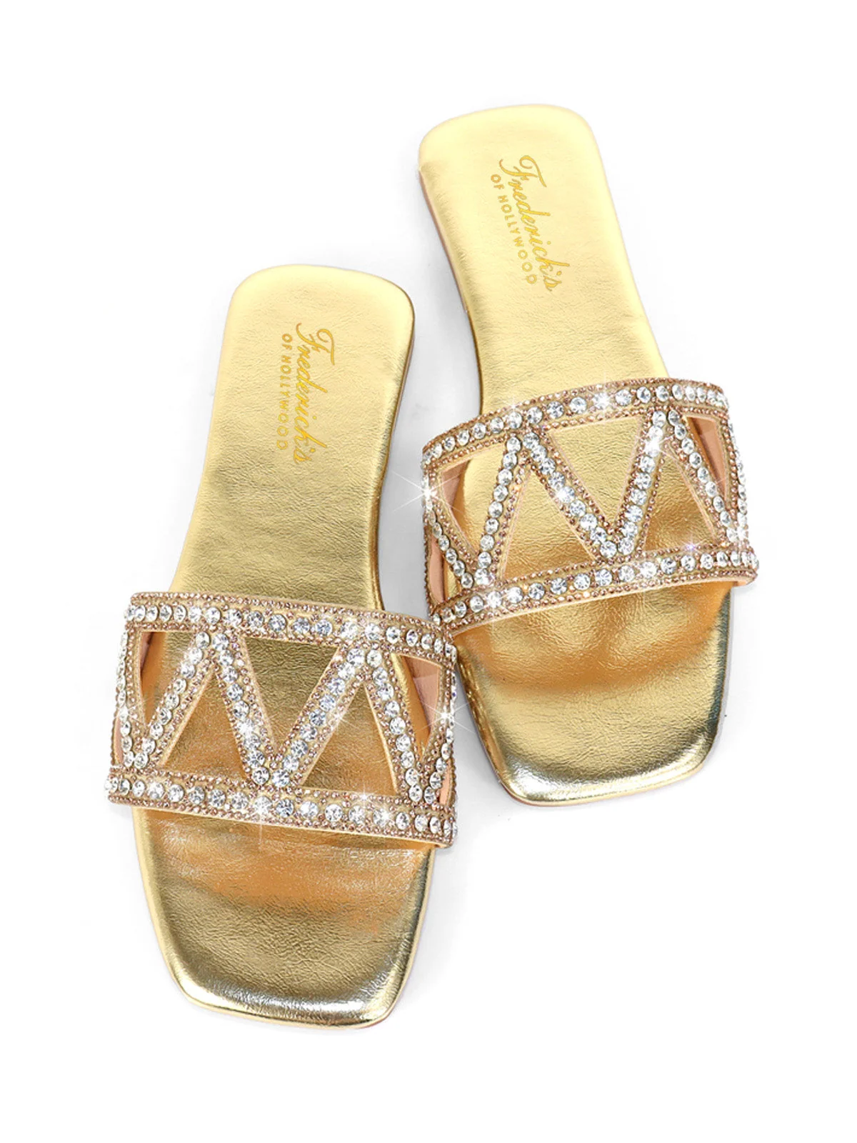 Lucy Rhinestone Flat Sandal in Gold with Square Toe