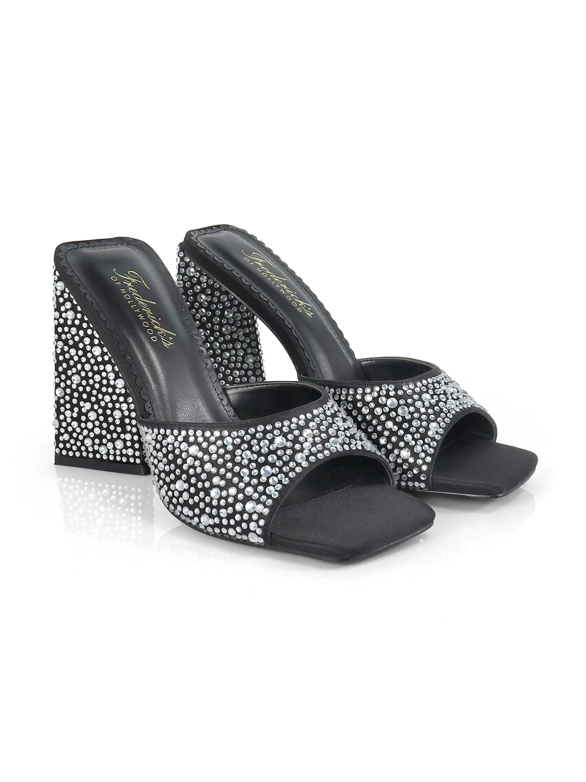 Darlene Mule Satin Rhinestone Heels in Black