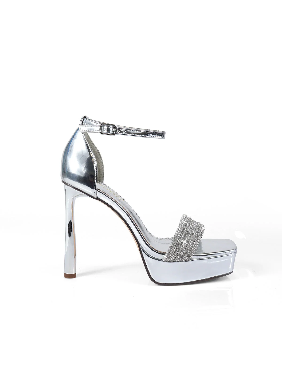 Denise Platform Heel in Silver Satin with Open Toe