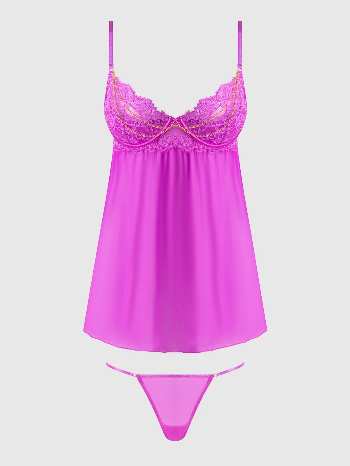 Arianna Lace and Chains Underwire Babydoll Set in Fuchsia Pink