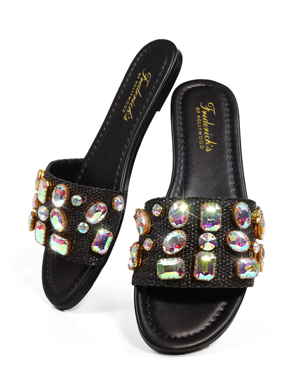Delilah Flat Sandal with Rhinestones and Raffia Texture