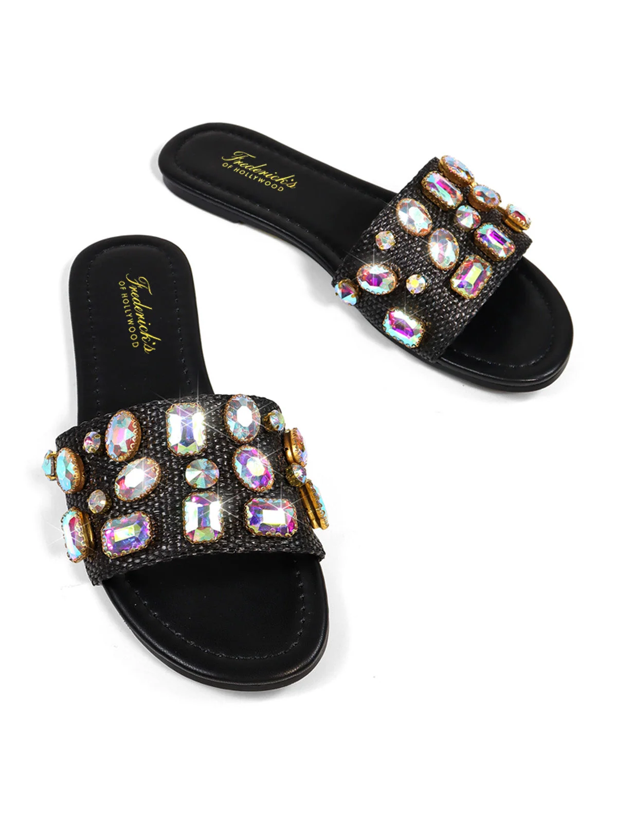 Delilah Flat Sandal with Rhinestones and Raffia Texture