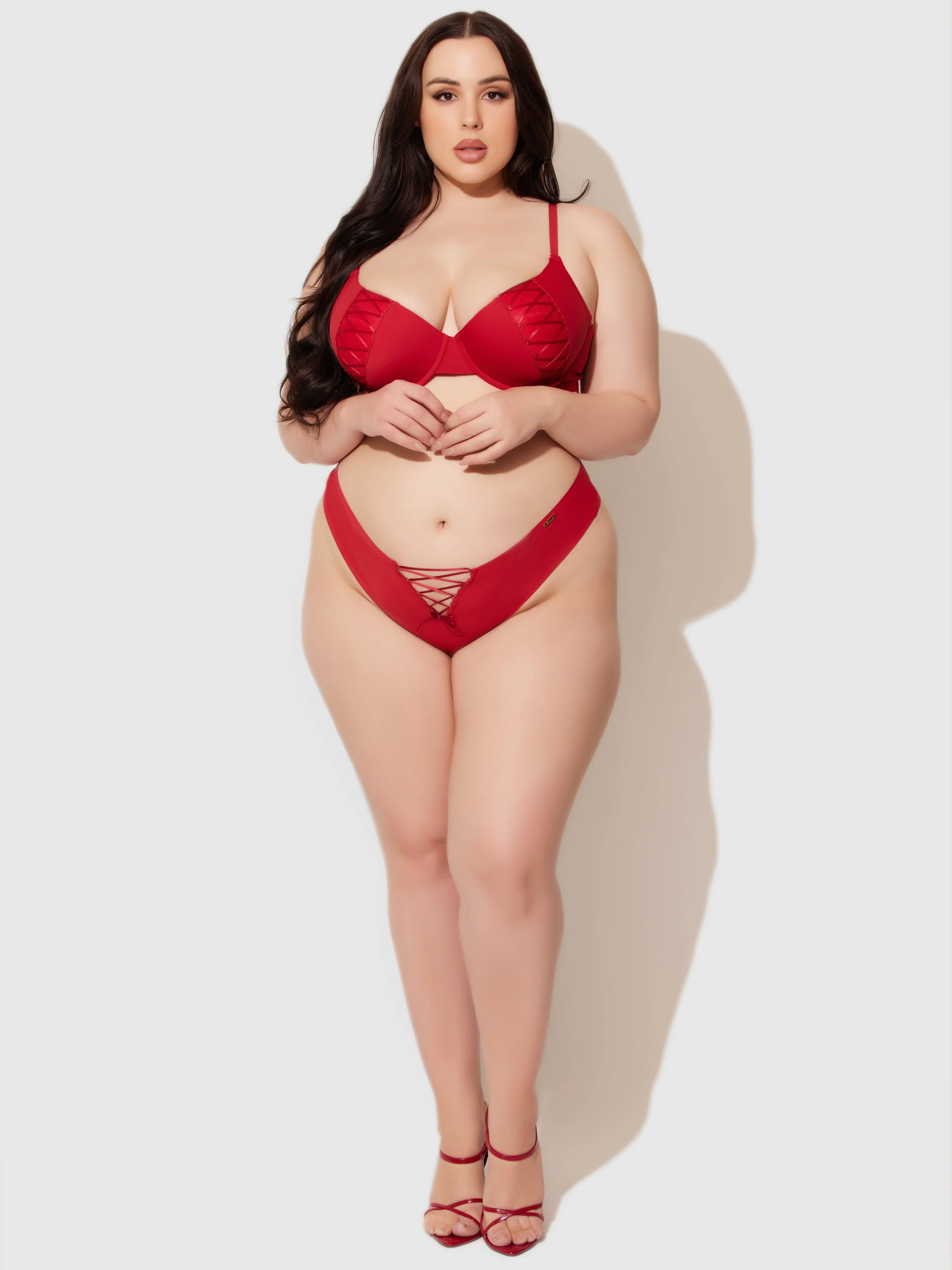 Natalia Micro Lace Up Plunge Push Up Bra in Haute Red