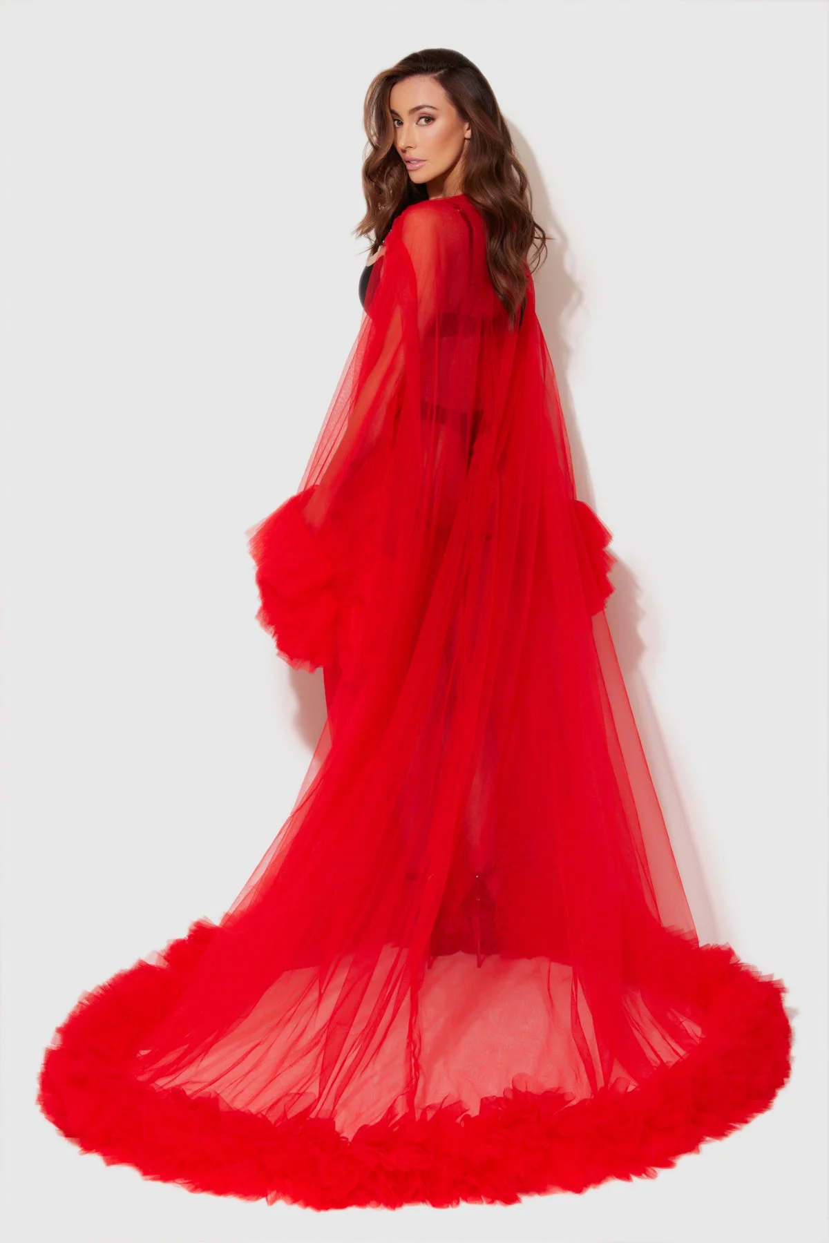 Glamour Mesh Ruffle Robe in Sheer Red