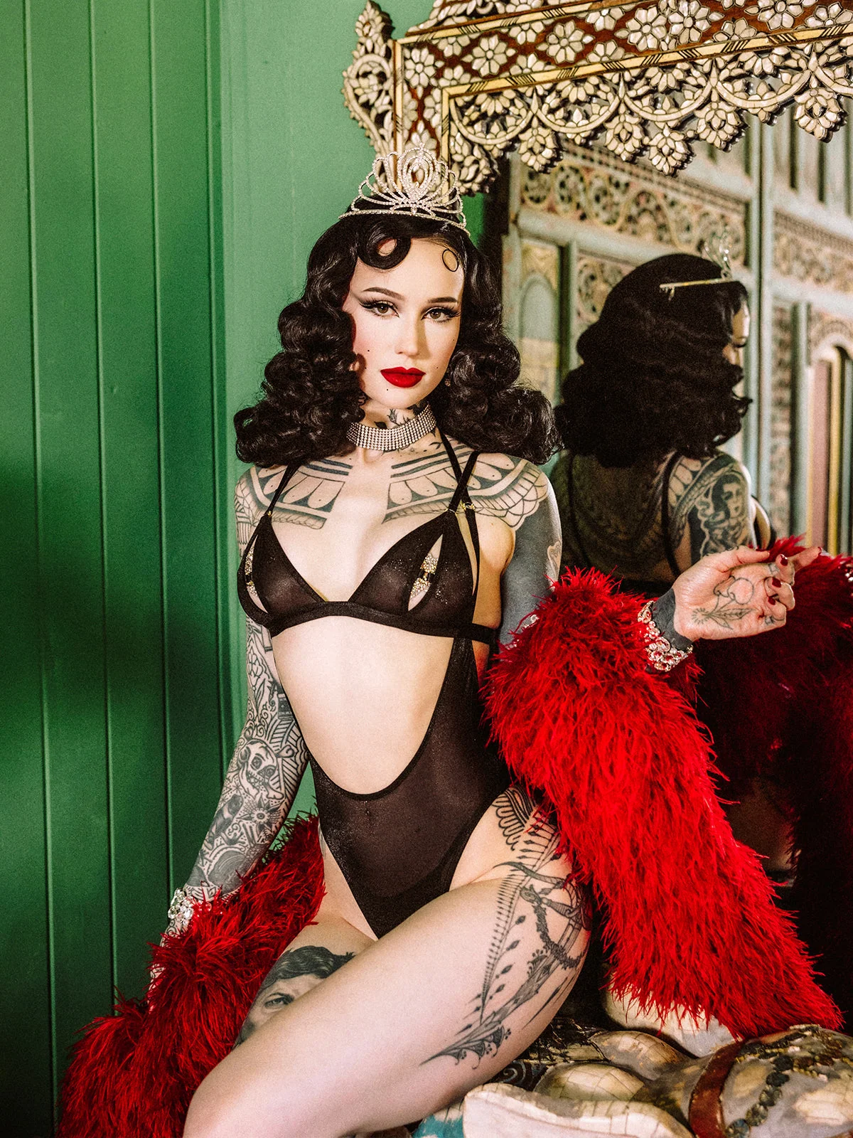 Pia Shine Mesh Open Cup Backless Teddy and Bralette Set in Black