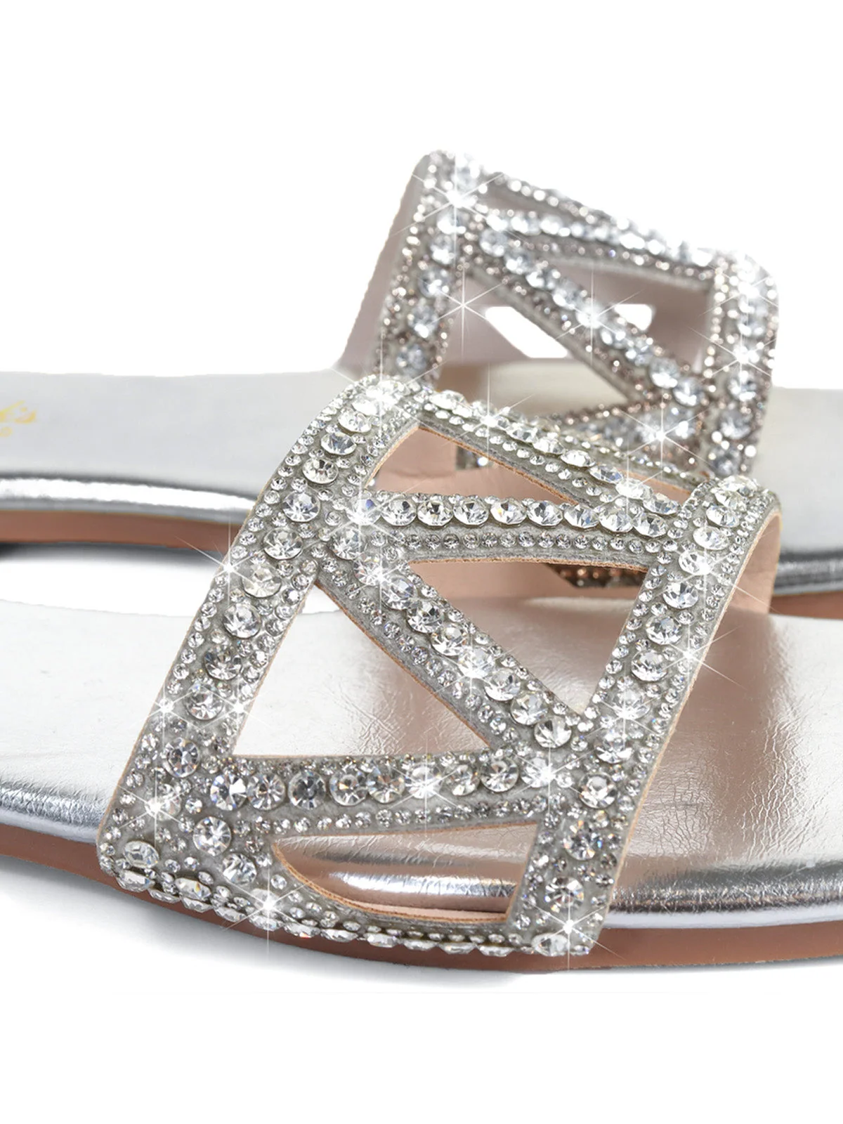 Lucy Rhinestone Flat Sandal in Silver with Square Toe