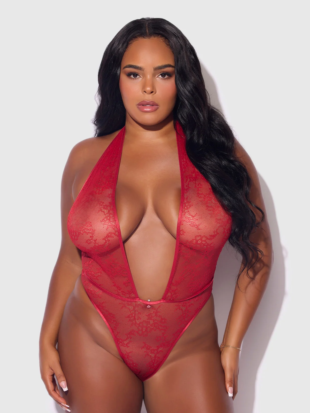 Chiara Crotchless Halter Lace Teddy in Crimson Red