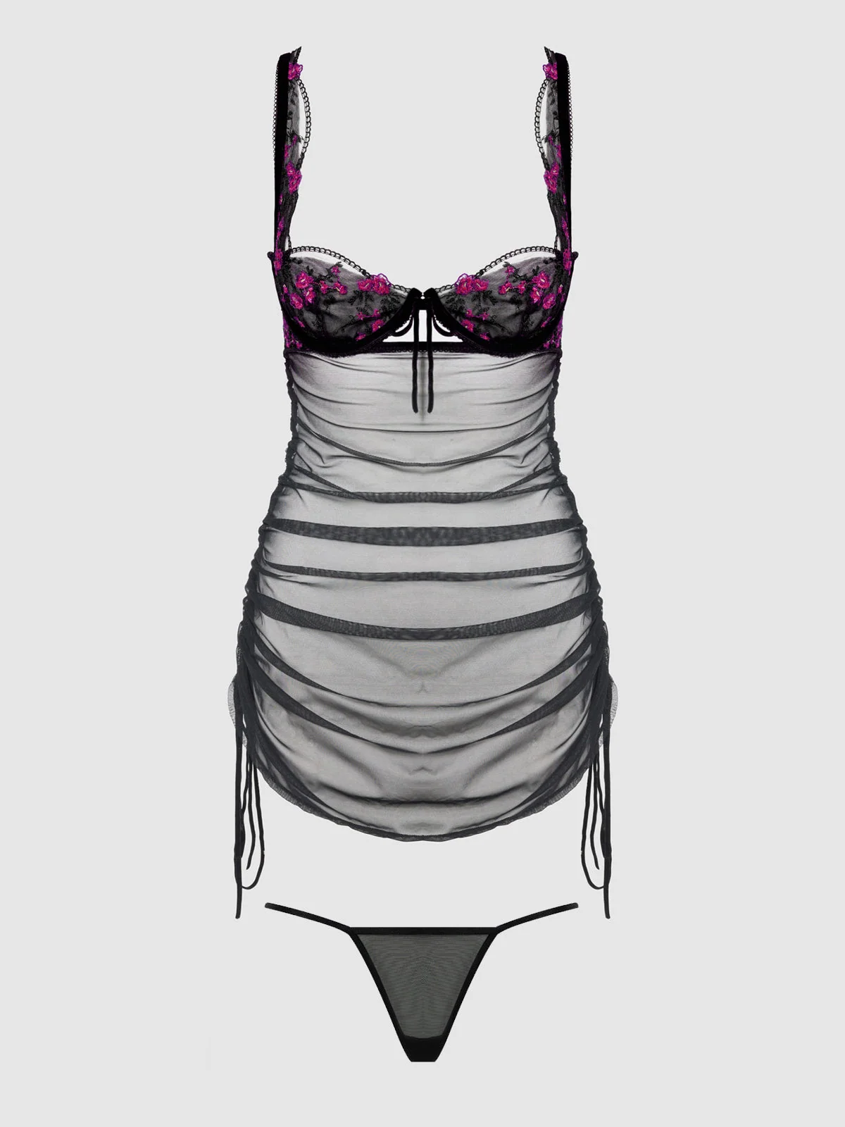 Harlow Embroidered Stretch Mesh Chemise in Black and Pink Dragon