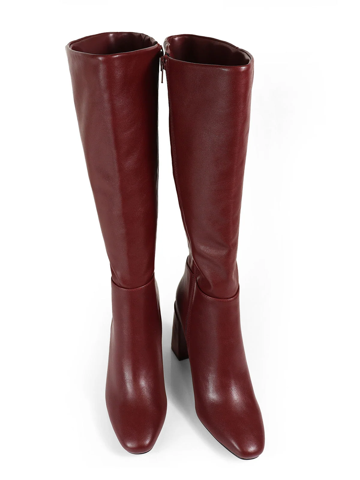 Frederick's of Hollywood Paola Knee High Boots with Chunky Heel in Burgundy