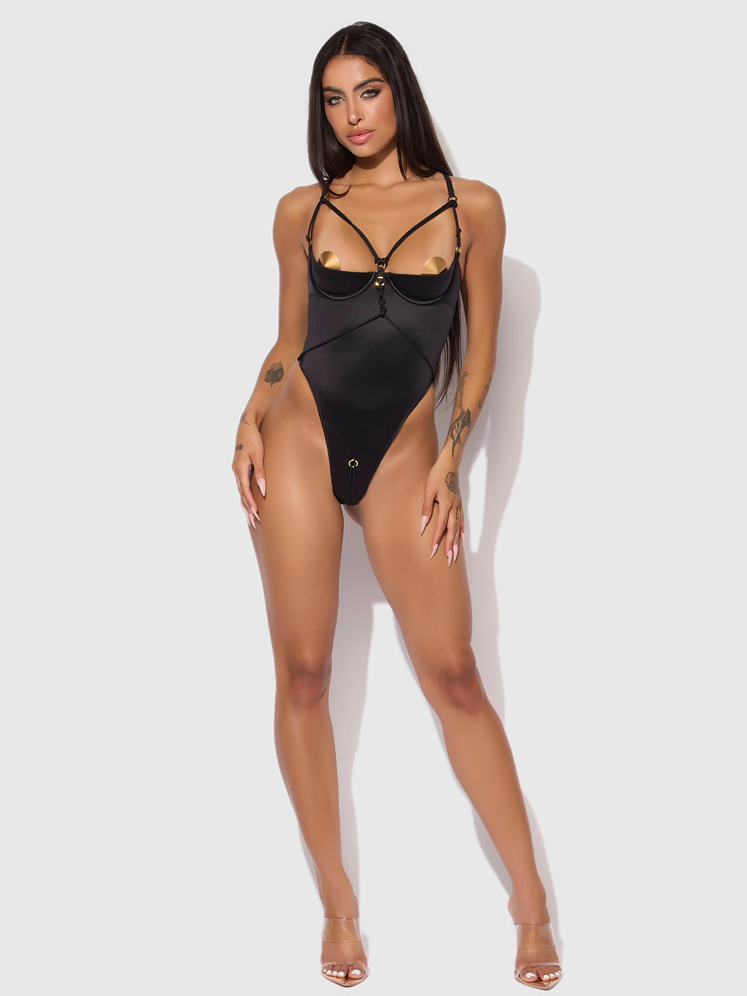 Nadya 液态缎面与绳带开裆连体内衣，Black色