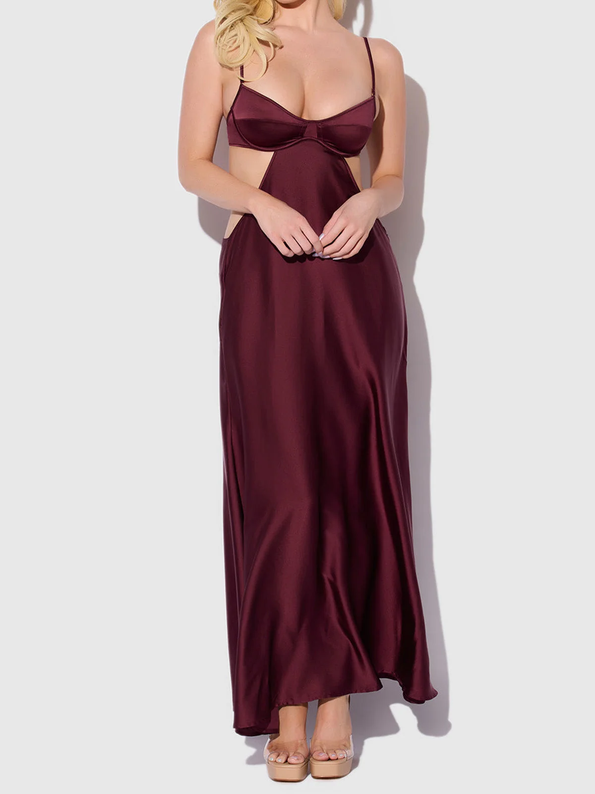 Petra Satin Monowire Cutout Gown in Burgundy