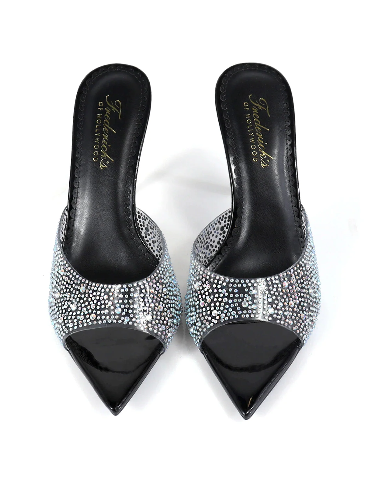 Nora Mule Black Satin Pointed-Toe Rhinestone Heels