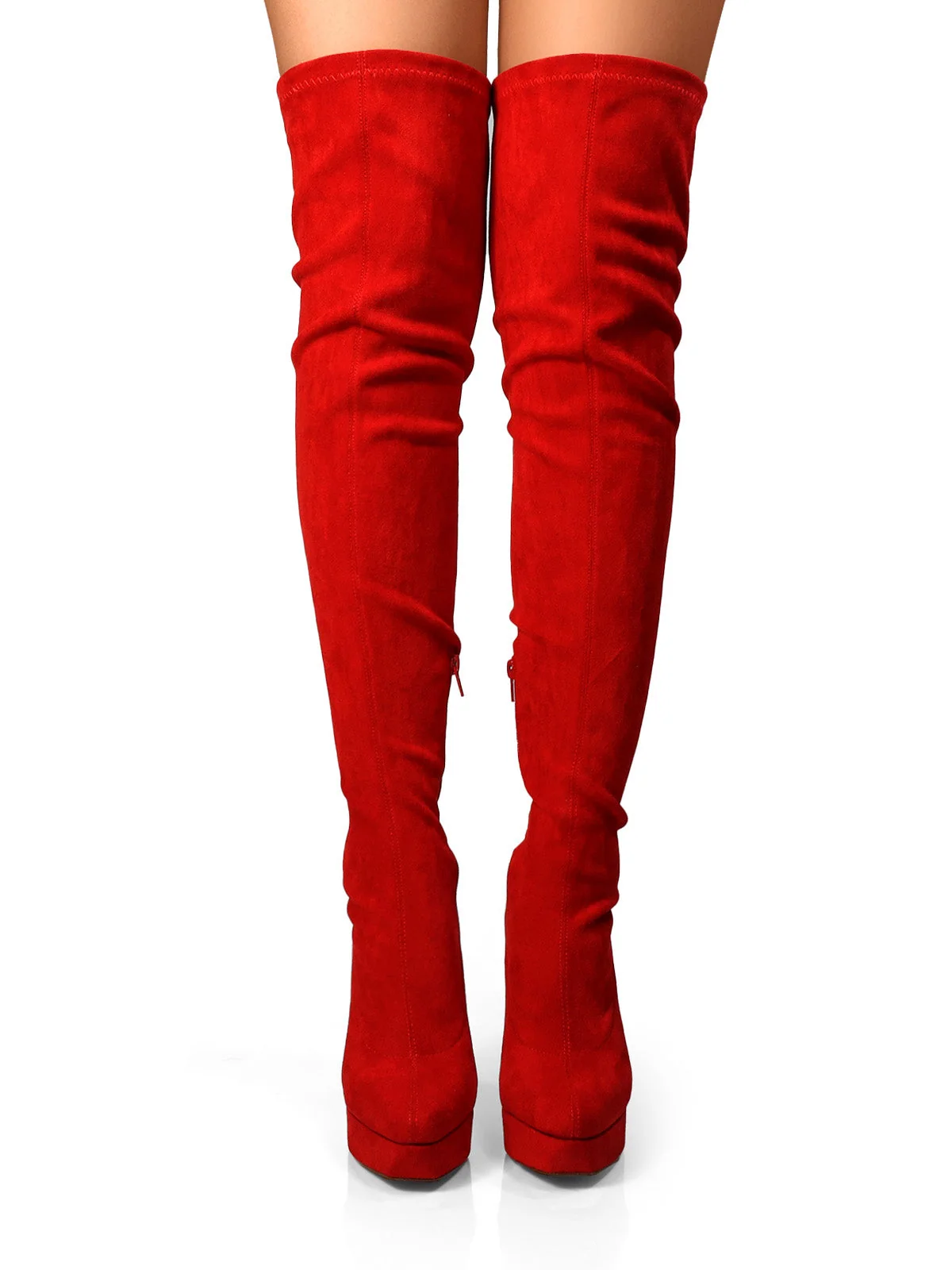 Jadore Stretchy Thigh High Boots in Red Suede