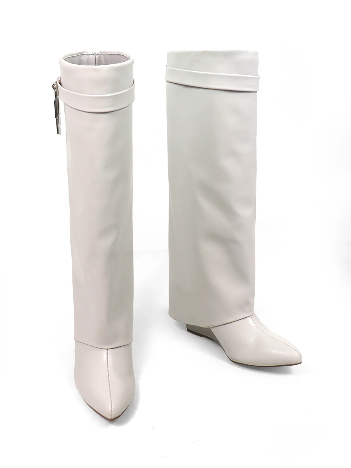 Frederick's of Hollywood Maria Drape Over Knee Wedge Boots in Bone PU