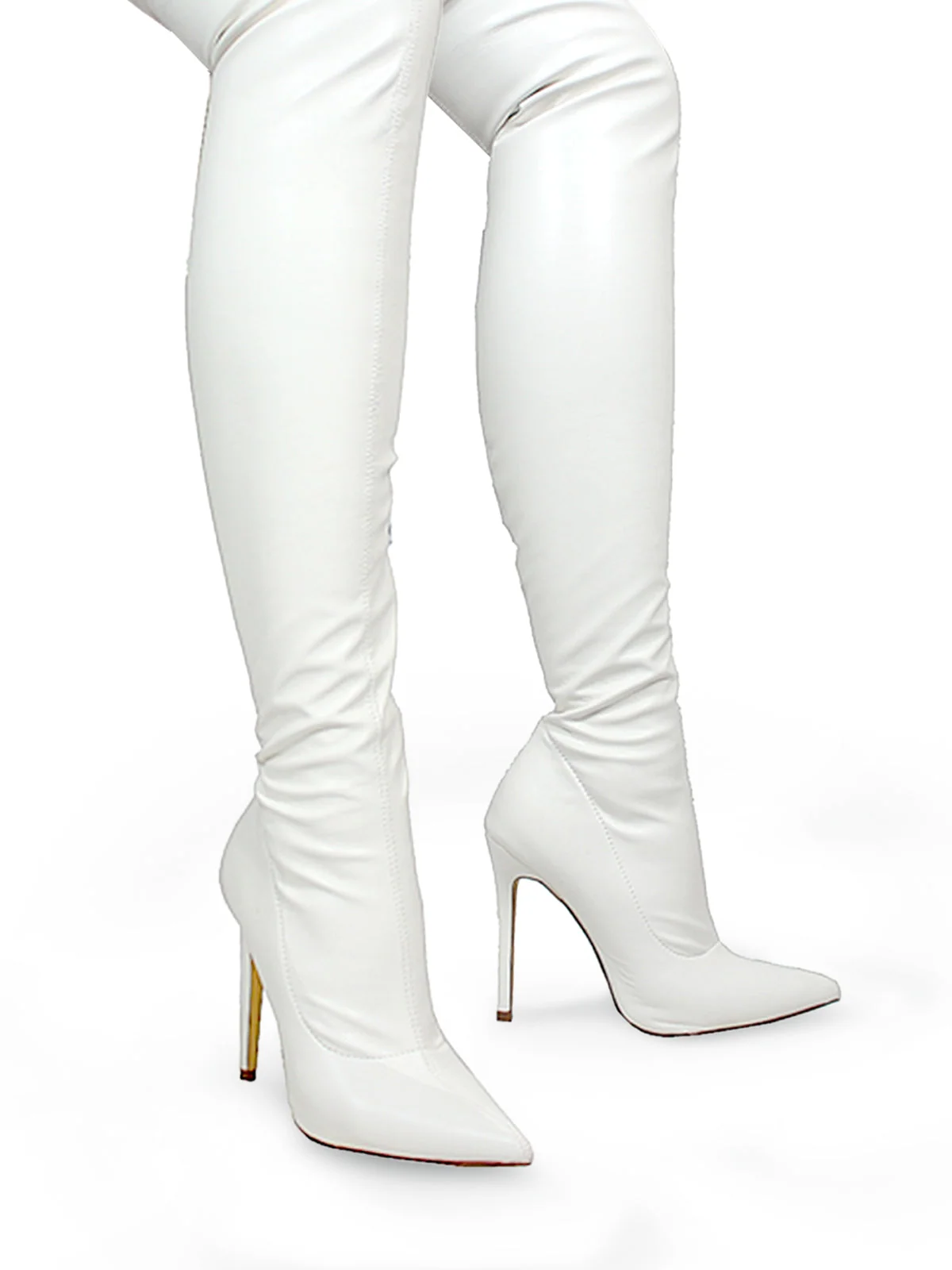 Gisele Stretchy Over-the-Knee Heeled Boots in White with Pointed Toe