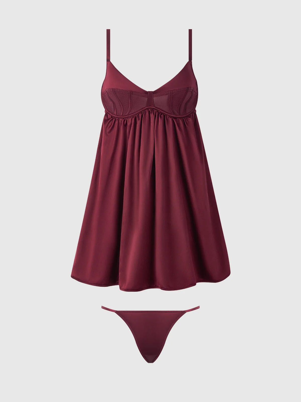 Petra Satin & Mesh Unlined Corset Cup Babydoll Set in Burgundy
