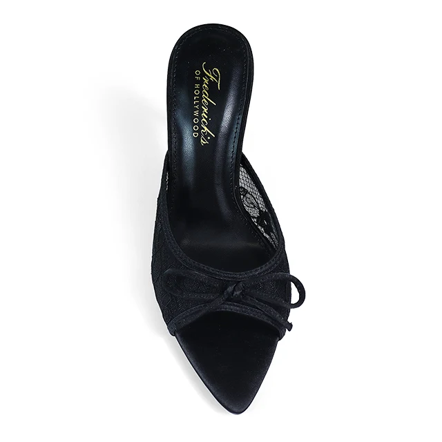 Lacey Pointed Toe Lace Bow Heels in Black