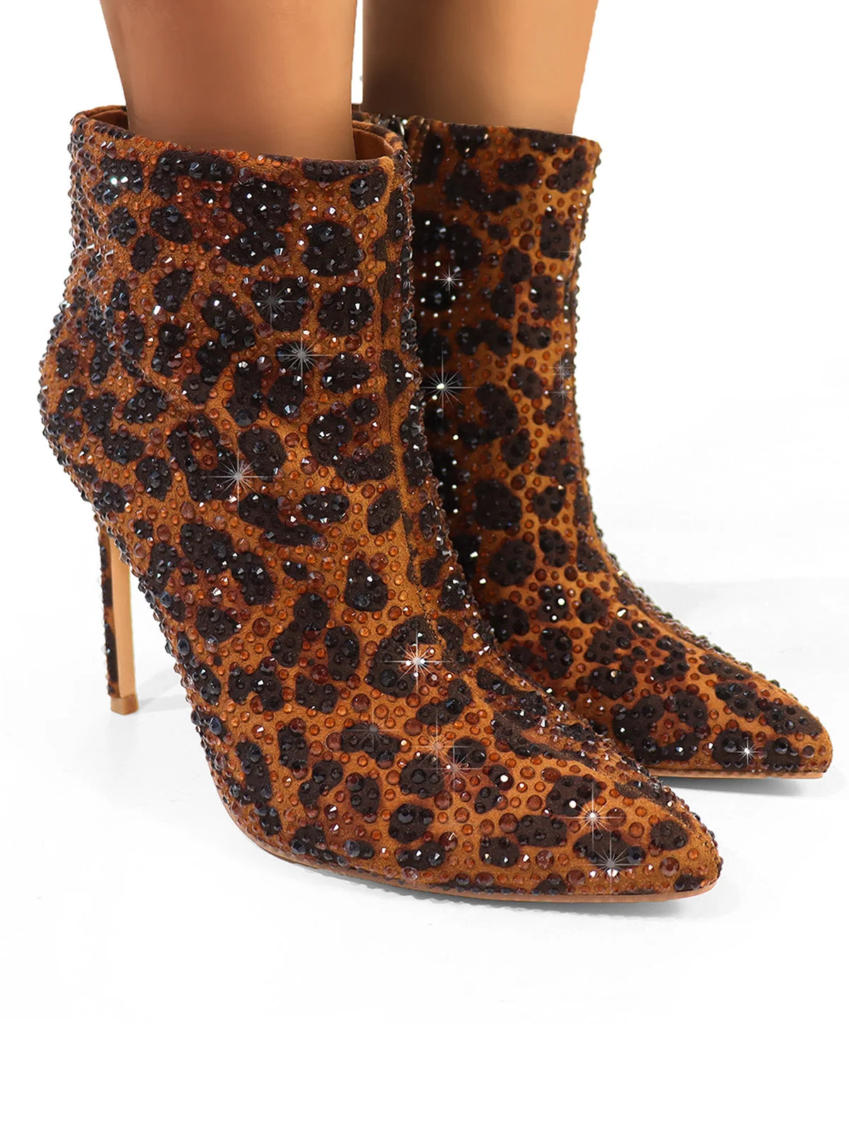 Izara Rhinestone Ankle Boots in Leopard Print With Allover Sparkle