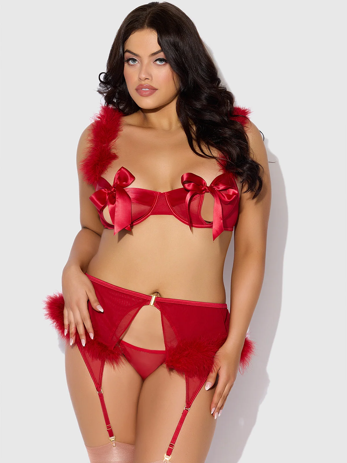 Scarlett Open Cup Marabou Bra, Garter and G-String Three-Piece Set