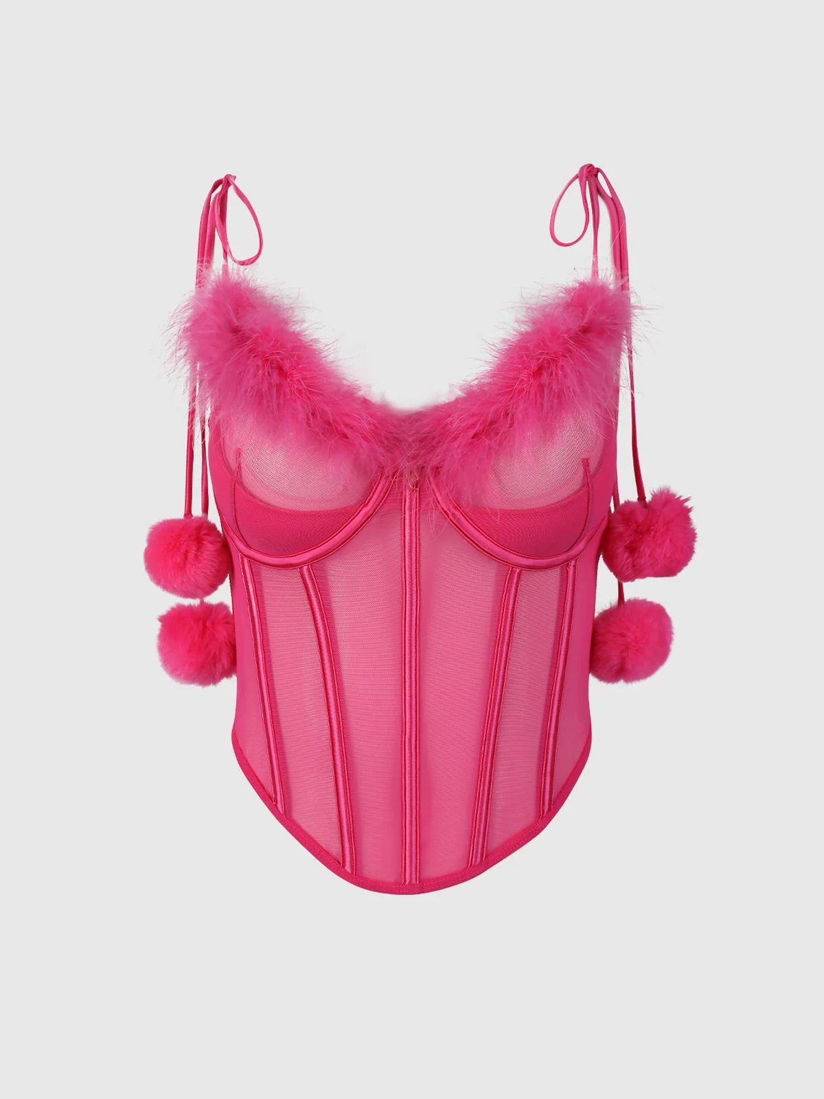 Scarlett Marabou and Mesh Tie Shoulder Pom Pom Bustier