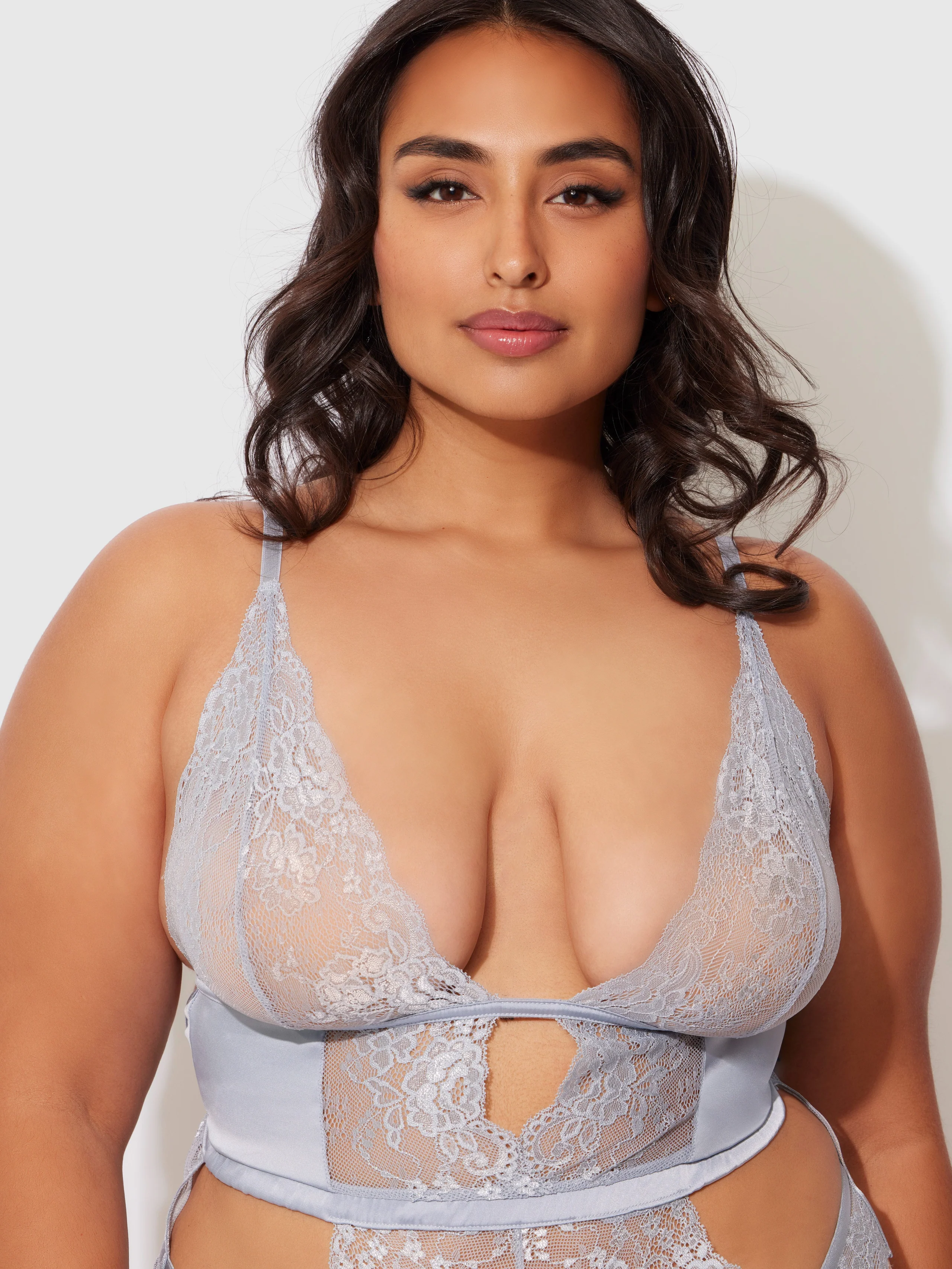 Serenity Lace and Satin Wireless Teddy in Stone Blue