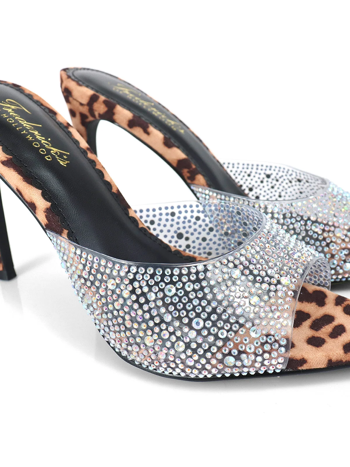 Nora Mule Leopard Satin Pointed-Toe Rhinestone Heels