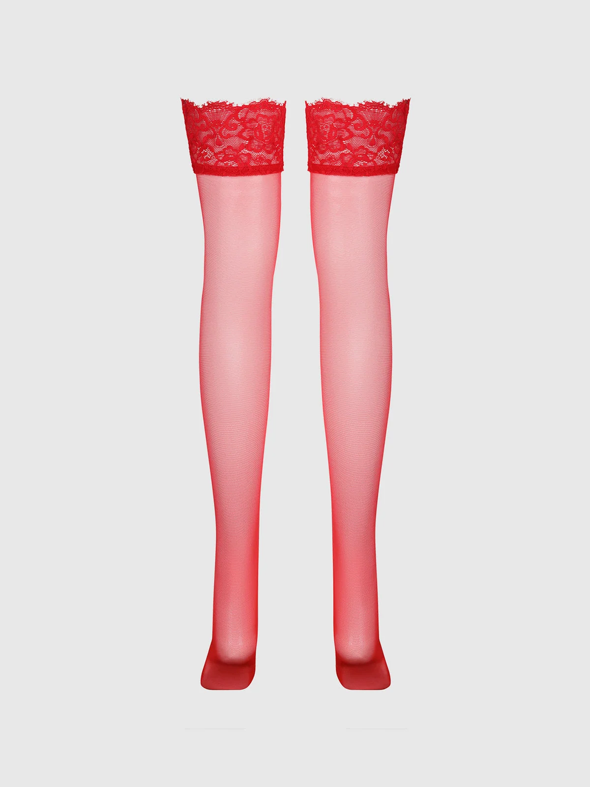 Glossy Sheer Tall Lace Top Thigh Highs in Jester Red