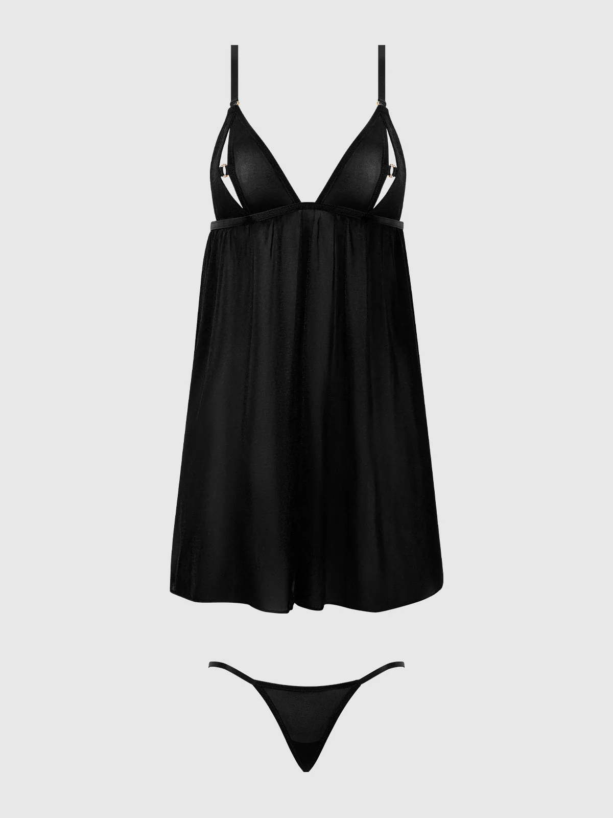 Pia Shine Mesh O-Ring Open Cup Babydoll Set in Black