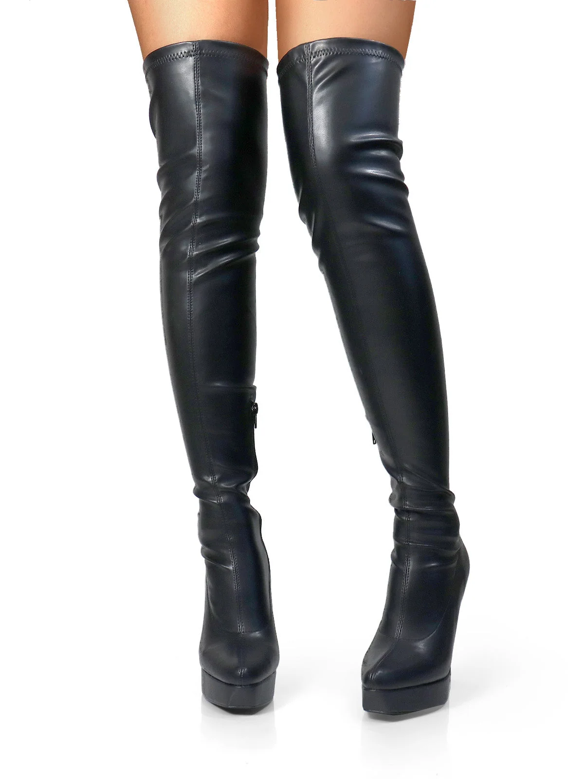 Jadore Stretchy Thigh High Boots in Black PU