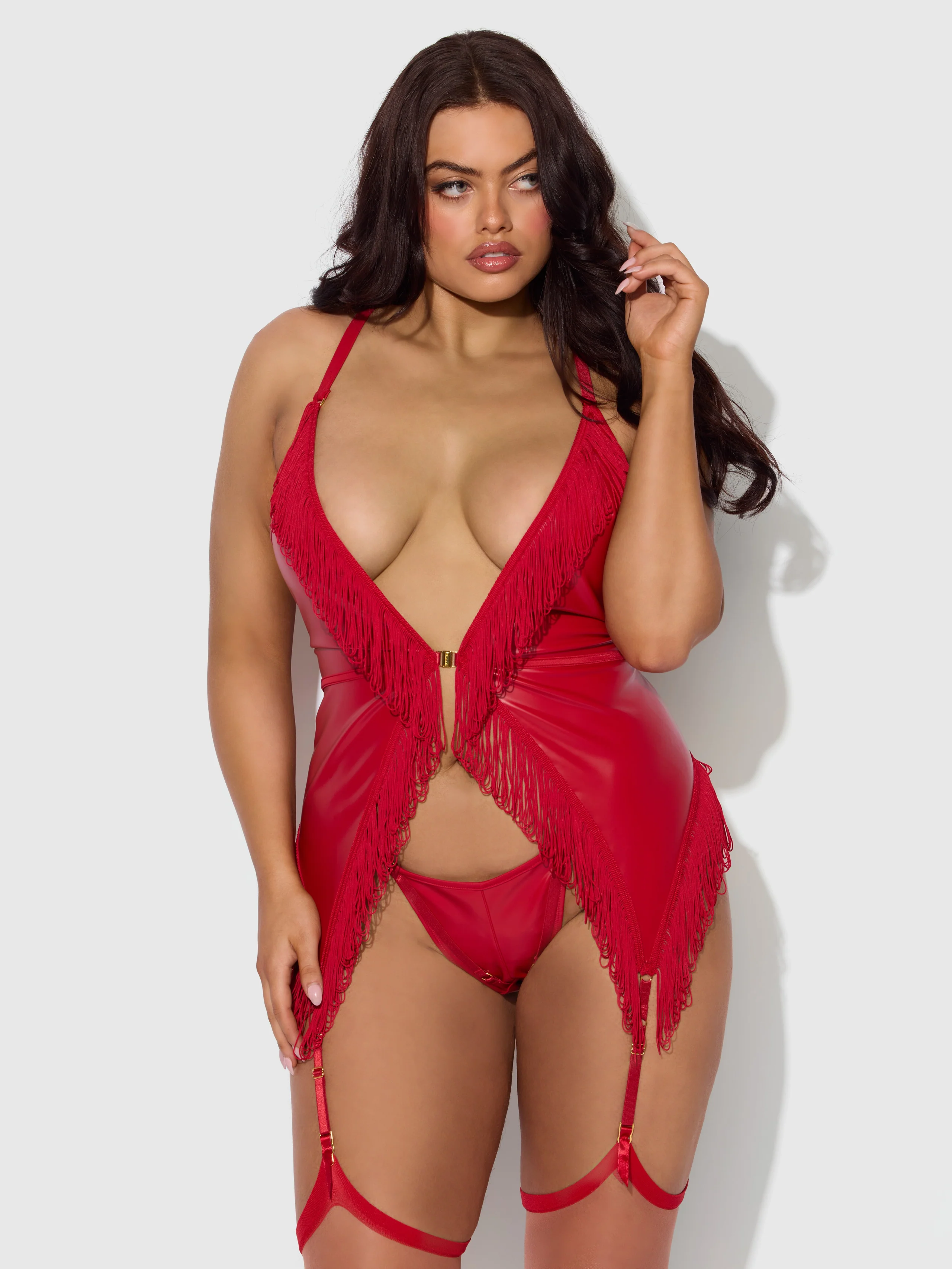 Hendrix Faux Leather & Fringe Chemise in Crimson Red
