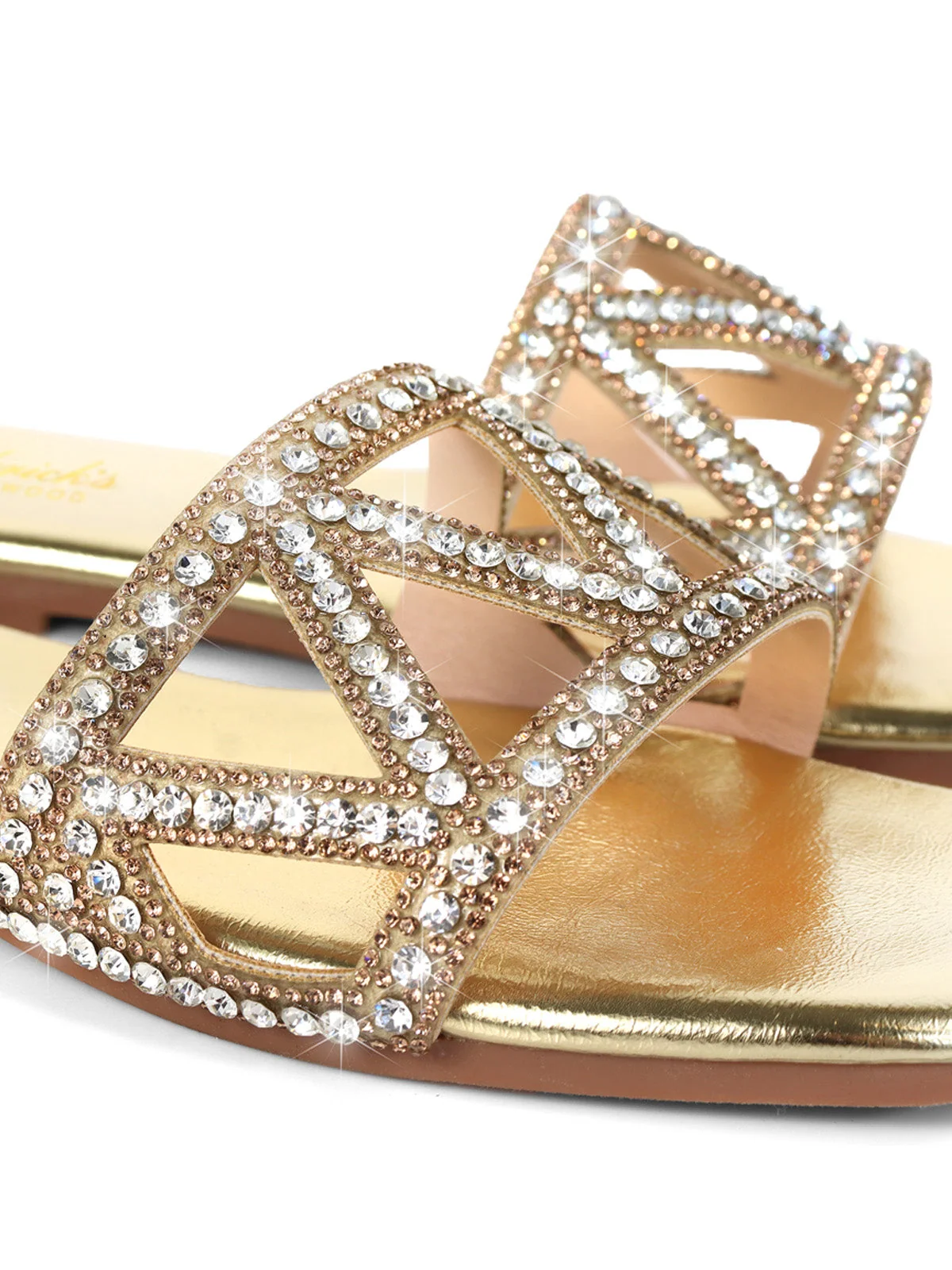 Lucy Rhinestone Flat Sandal in Gold with Square Toe