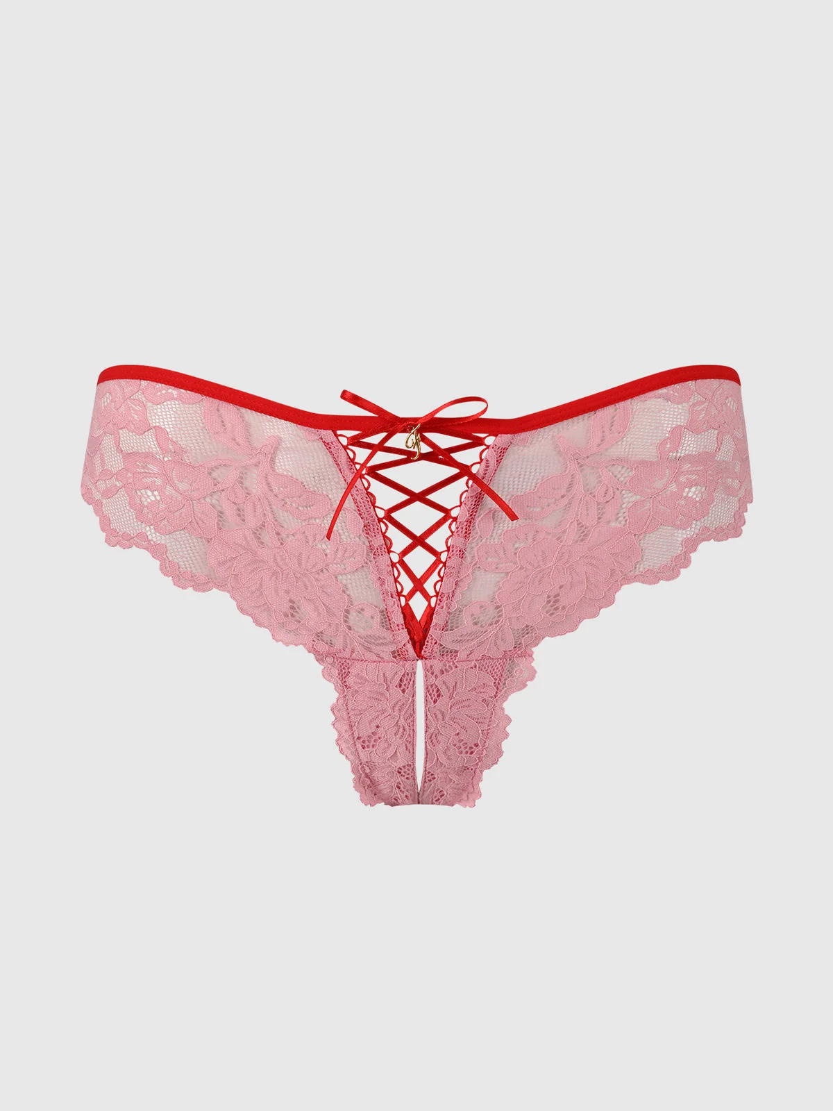 Mabel Lace Up Front Crotchless Tanga in Scarlet Pink