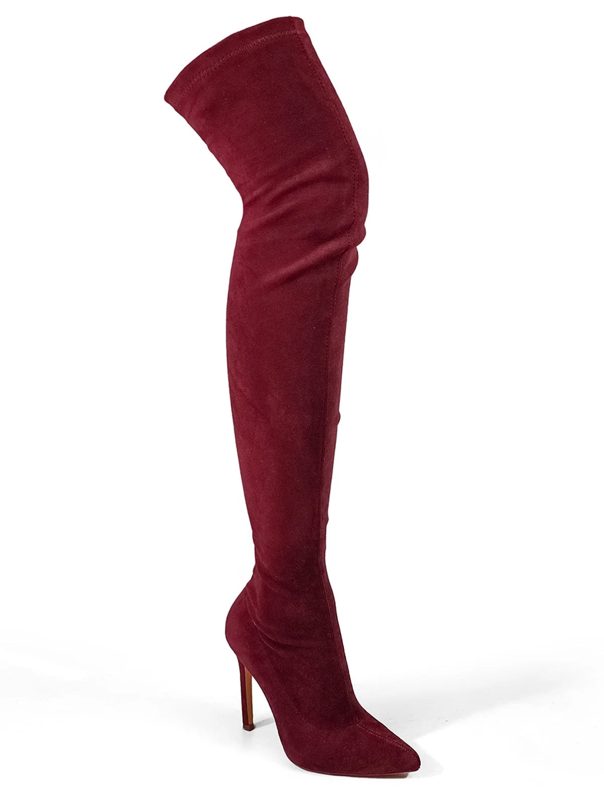 Gisele Stretchy Over-the-Knee Heeled Boots in Wine Suede