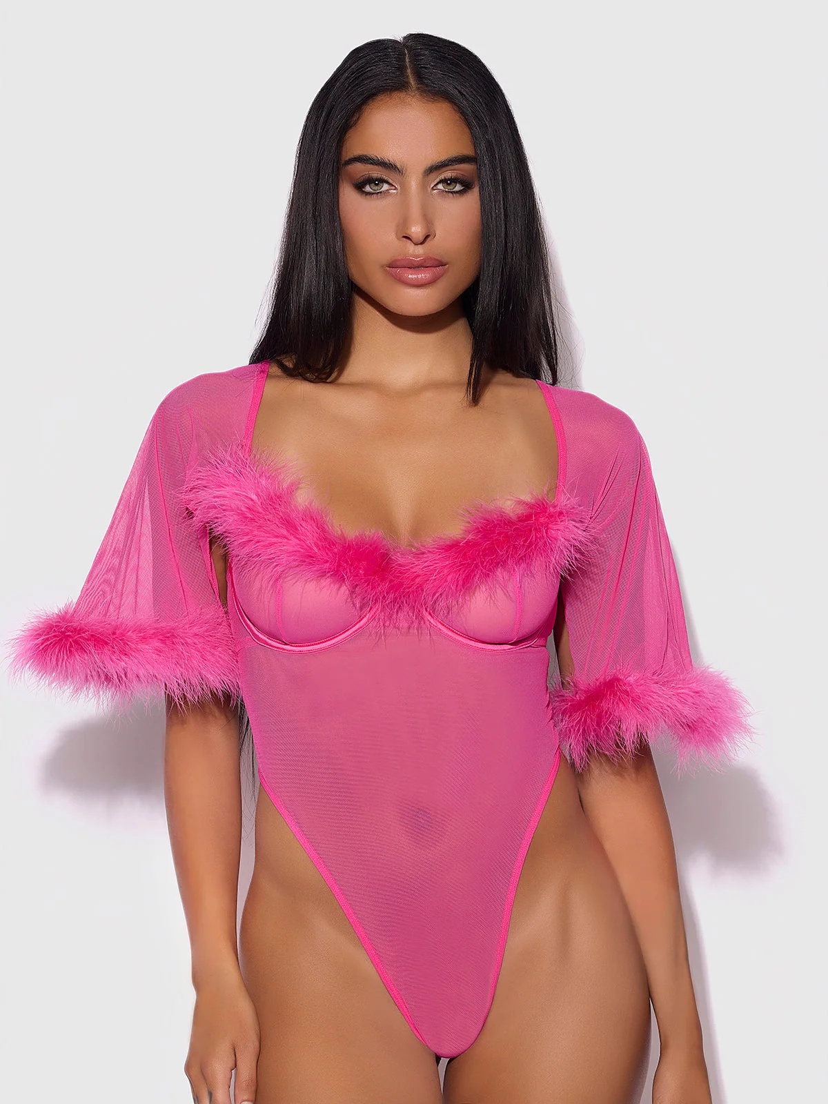 Scarlett Bell Sleeved Marabou Bodysuit in Pink Dragon