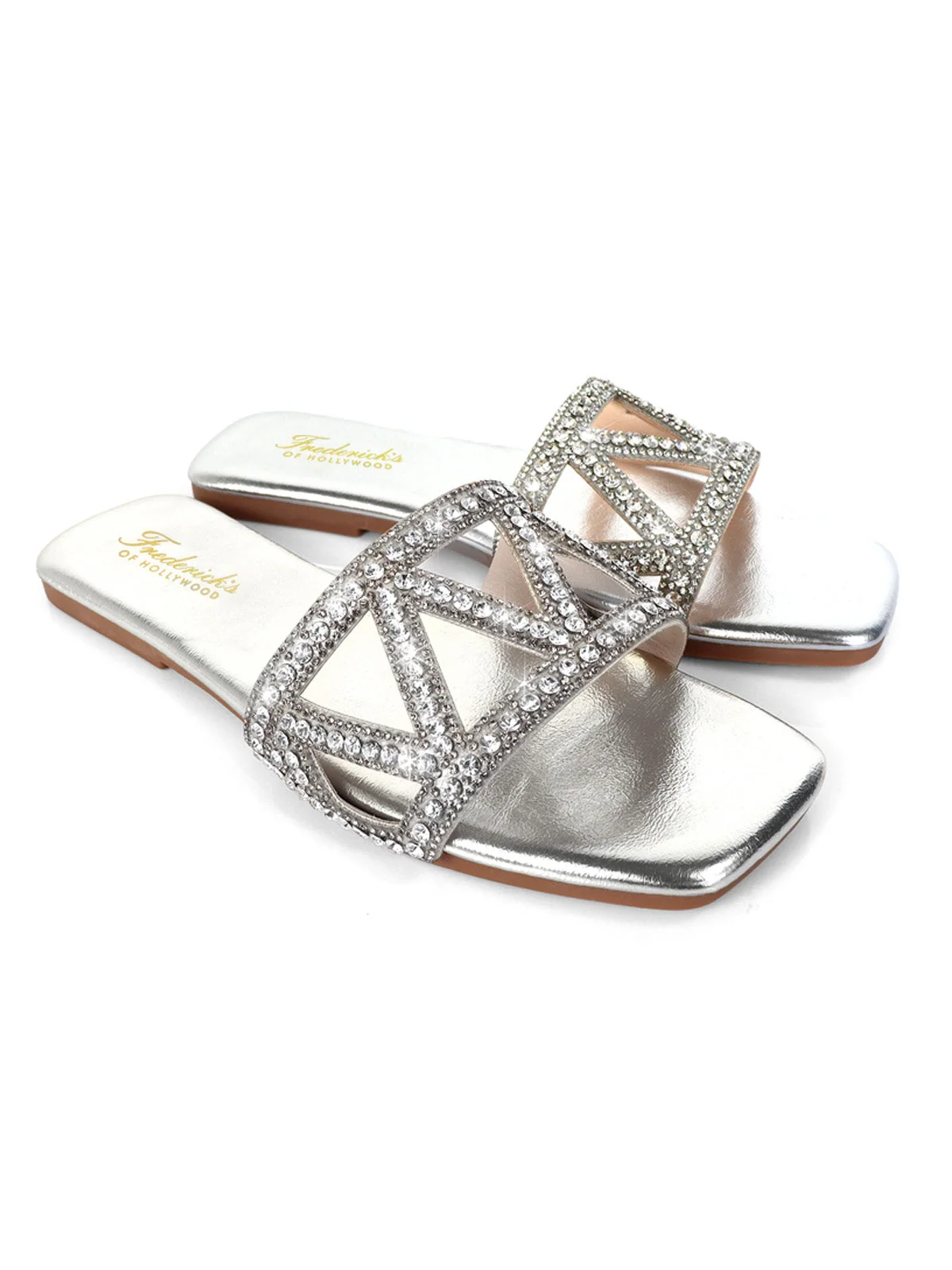 Lucy Rhinestone Flat Sandal in Silver with Square Toe