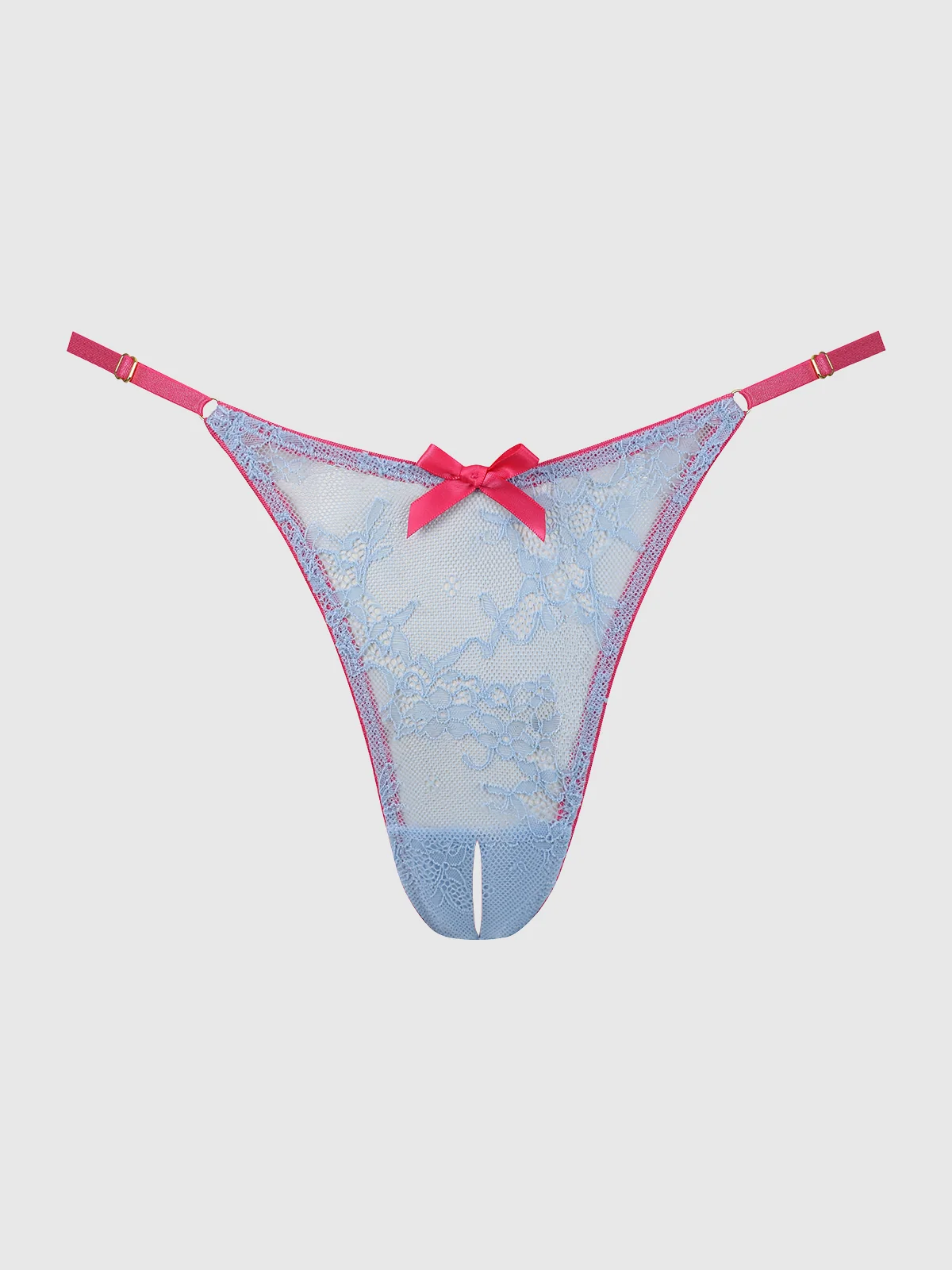 Pia Lace Crotchless Side Slider Thong, Sky Blue and Fuchsia