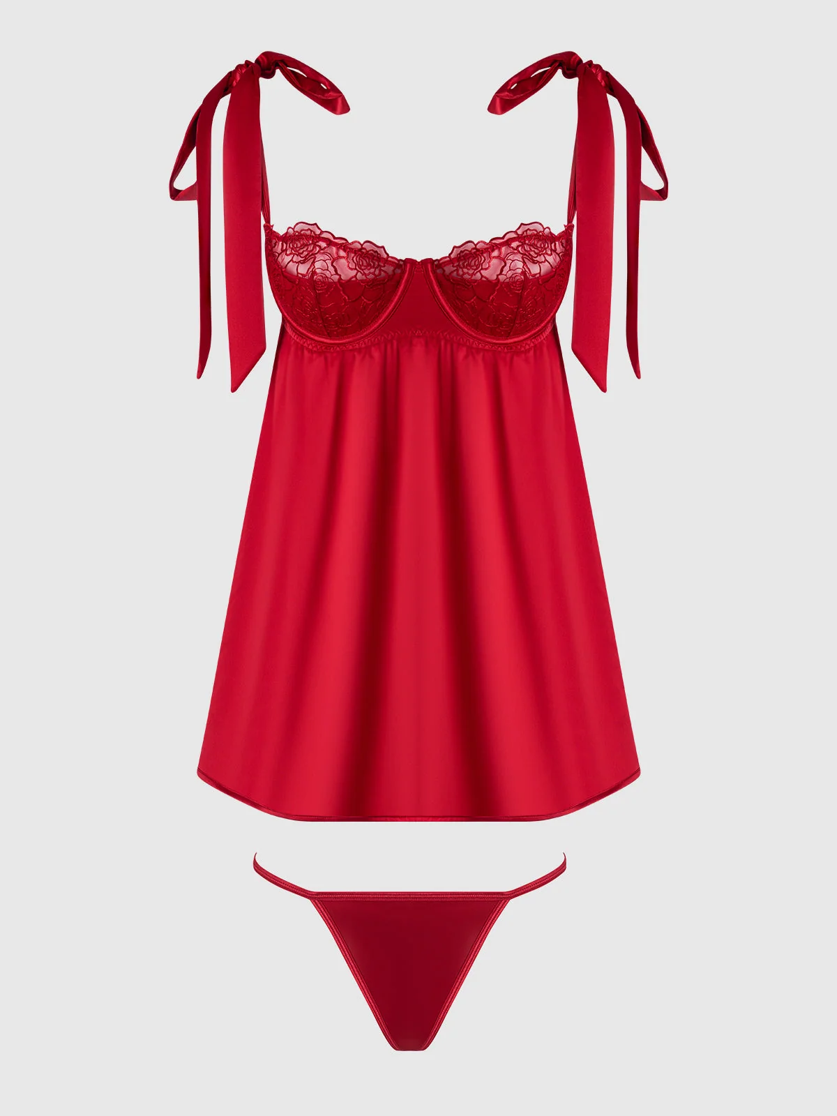 Melrose Satin & Embroidered Lace Underwire Babydoll Set in Crimson Red