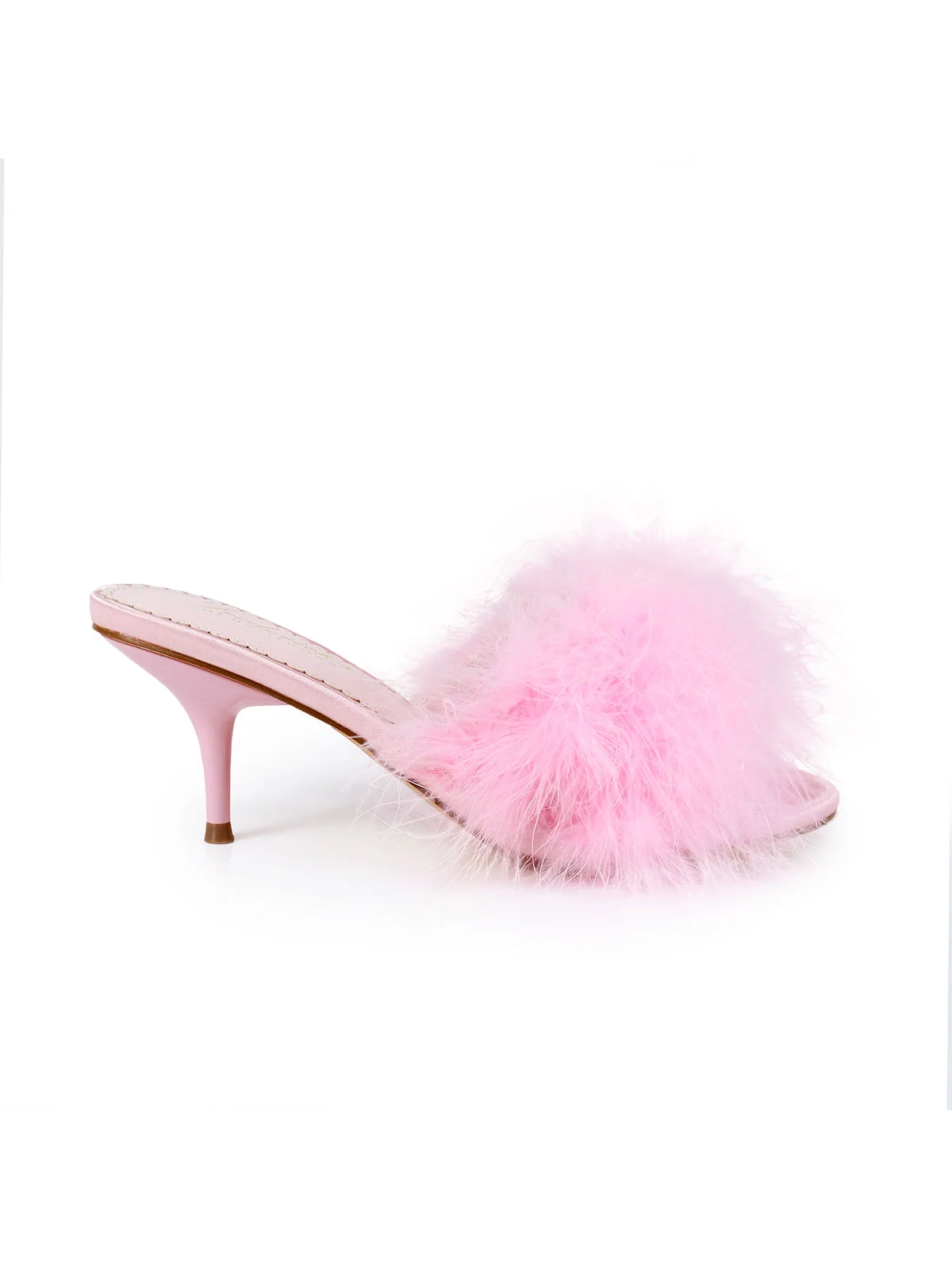 Luxor Feather Mule in Baby Pink Kitten Heel
