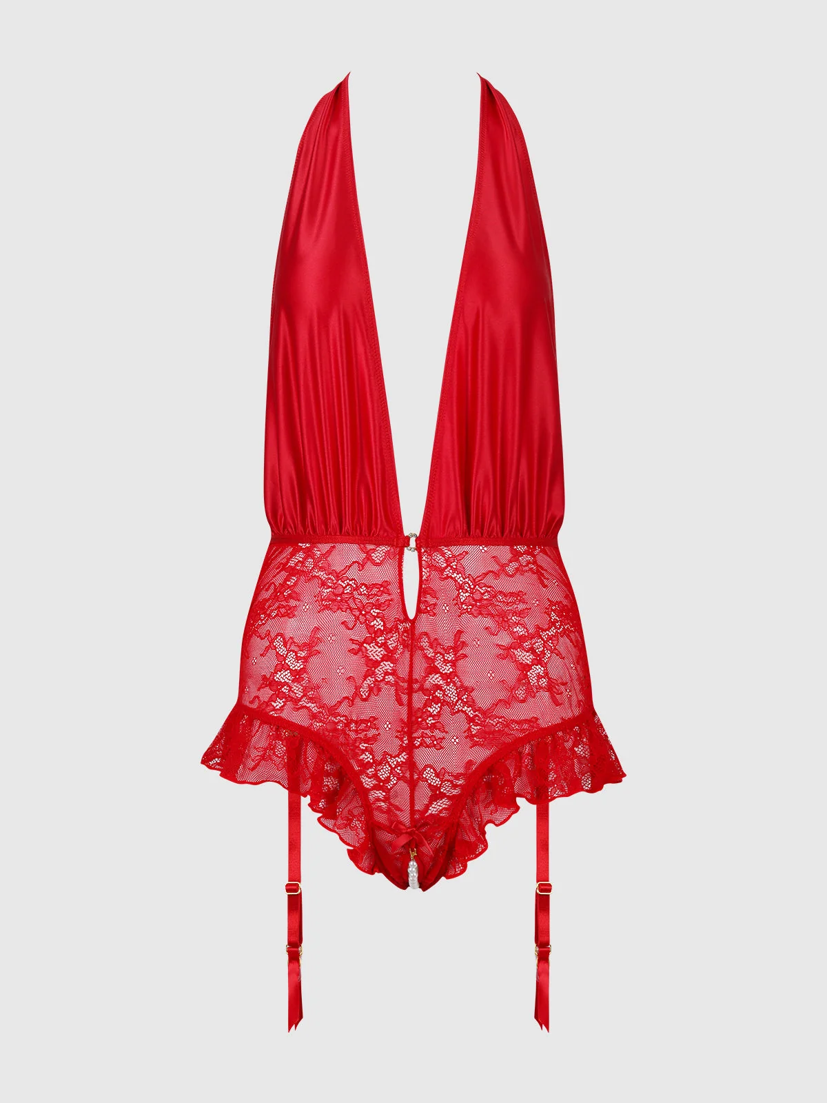 Marilyn Monroe Lace & Satin Crotchless Pearl Teddy in Lipstick Red