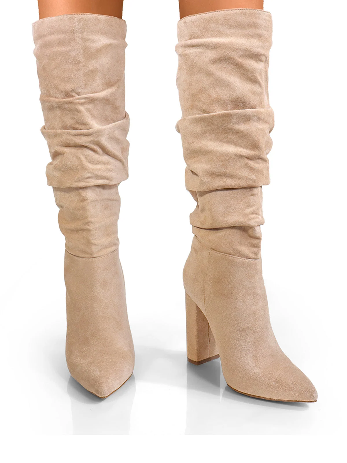 Leanne Slouchy Boot in Sand Suede with Chunky Heel