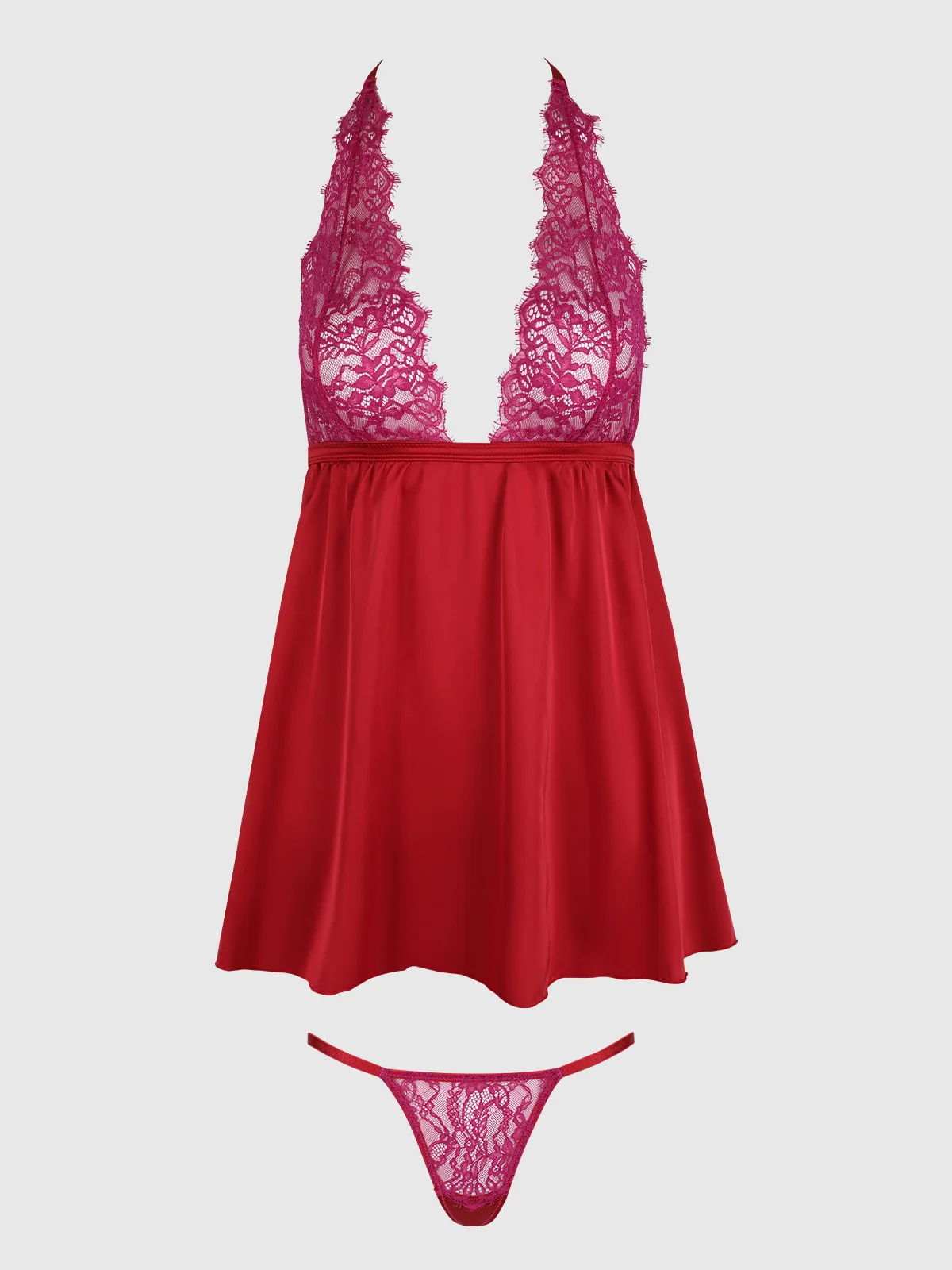 Rosalind Lace & Satin Halter Neck Drop Off Babydoll