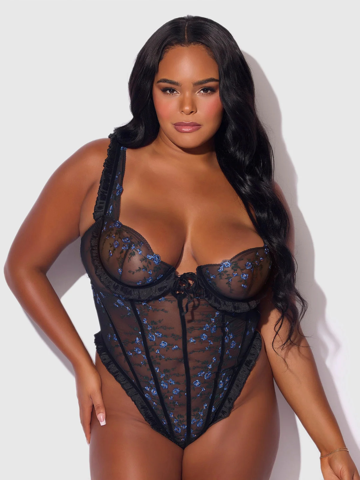 Harlow Embroidered Stretch Mesh Teddy in Black and Blue