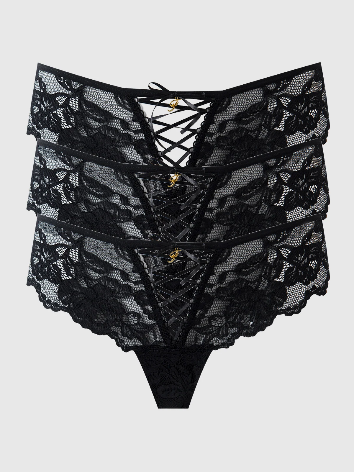 Mabel Lace Up Front Tanga Panty 3 Pack in Black