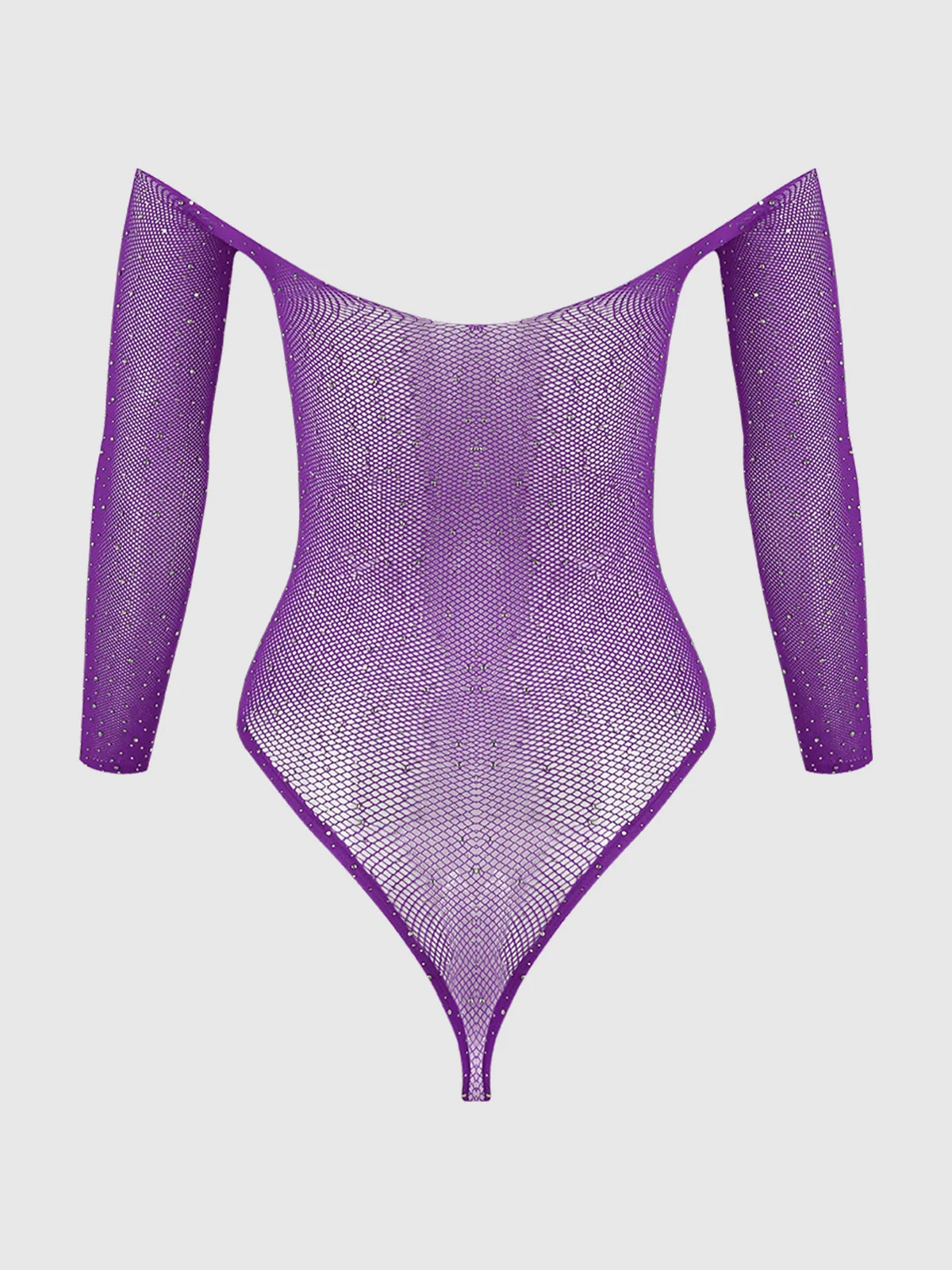 Fine Fishnet & Rhinestone Long Sleeve Teddy Bodystocking in Purple