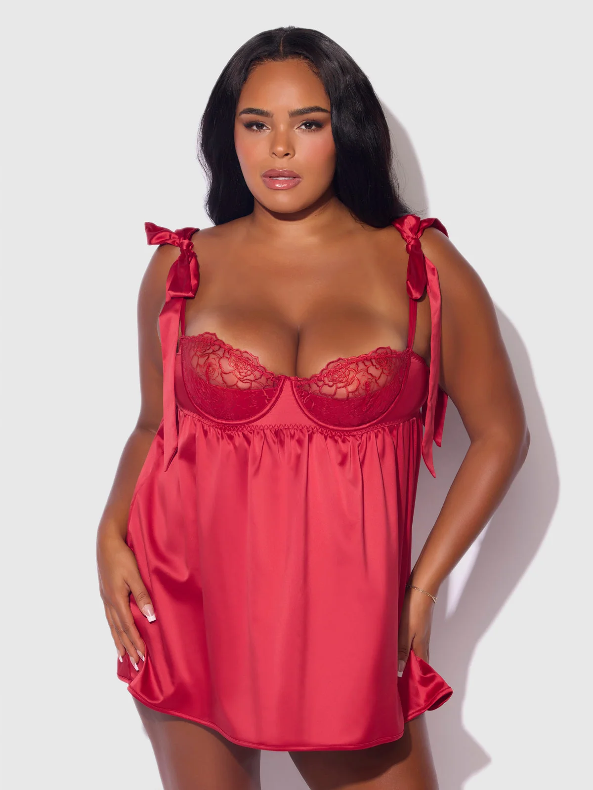 Melrose Satin & Embroidered Lace Underwire Babydoll Set in Crimson Red