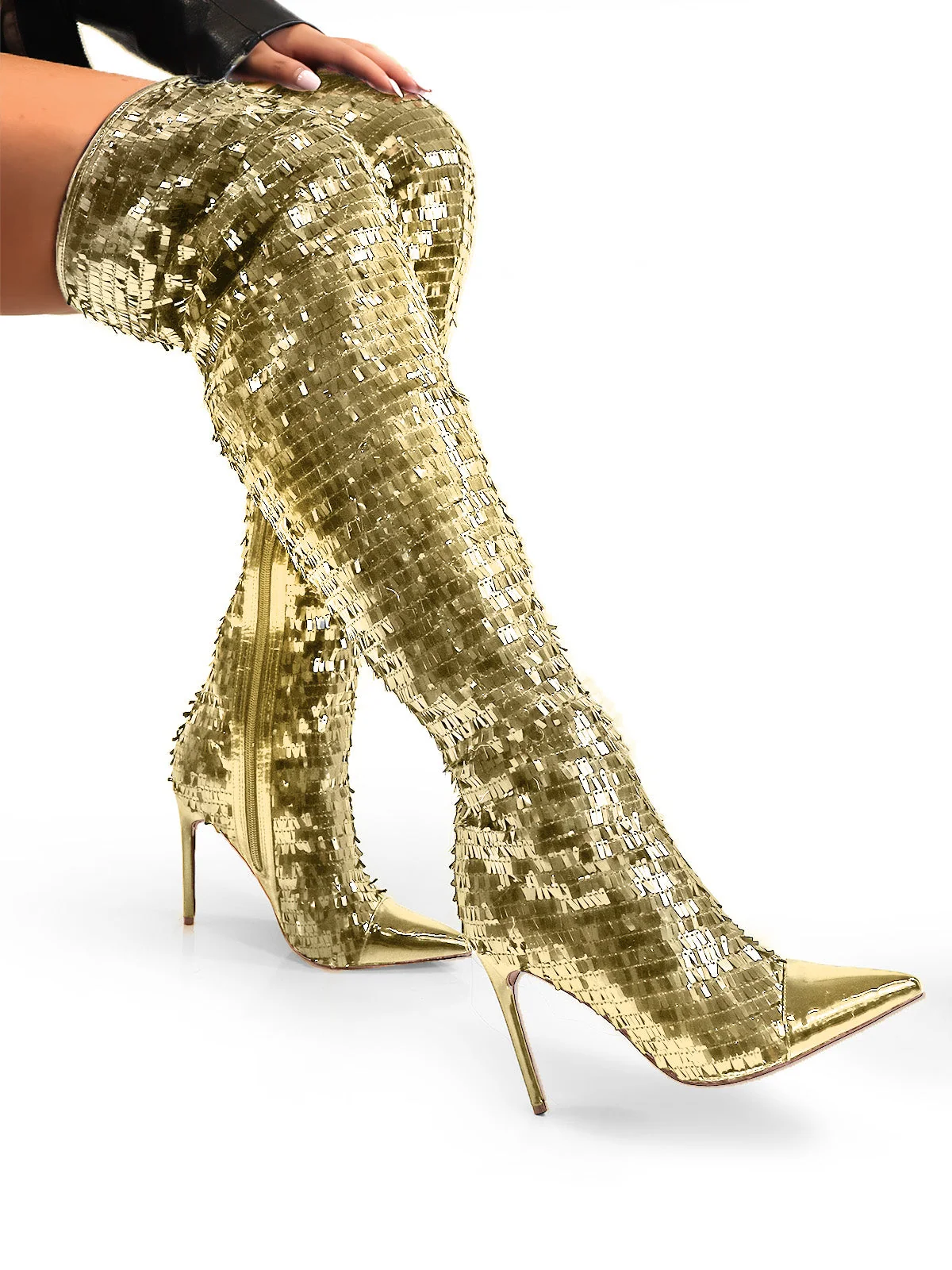 Vitoria Sequin Knee High Boots in Gold with Sleek Heel