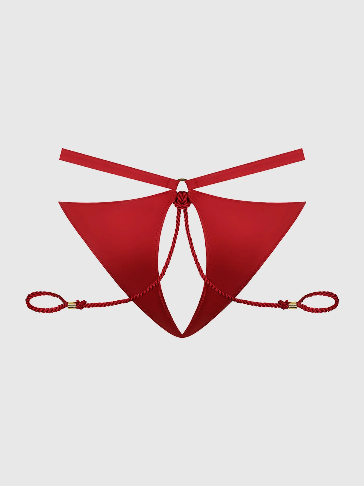 Nadya Liquid Satin and Rope Crotchless Hipster with Hand Cuff in Crimson Red