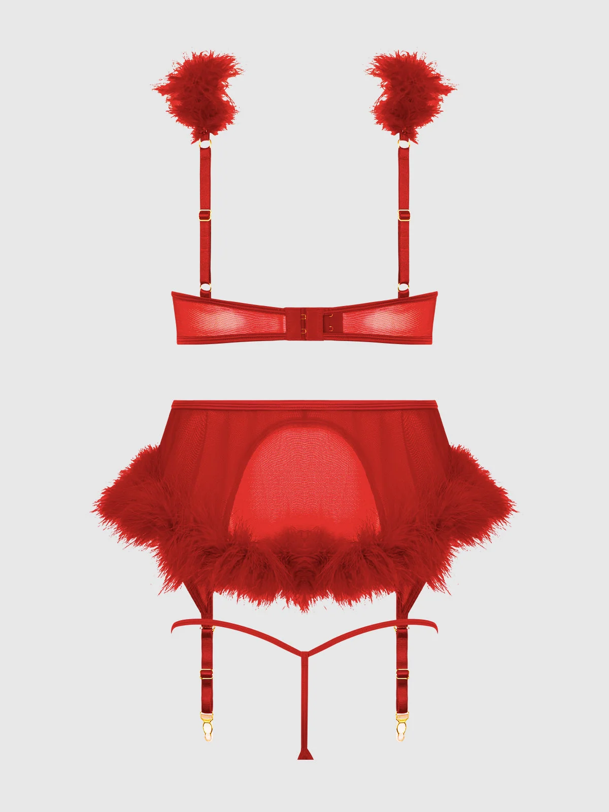 Scarlett Open Cup Marabou Bra, Garter and G-String Three-Piece Set