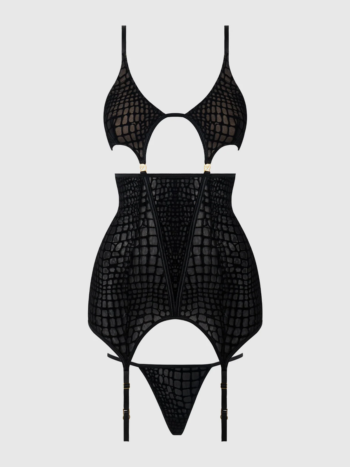 Medusa Snake 天鹅绒烧花吊袜带 Chemise 与 G-String 套装