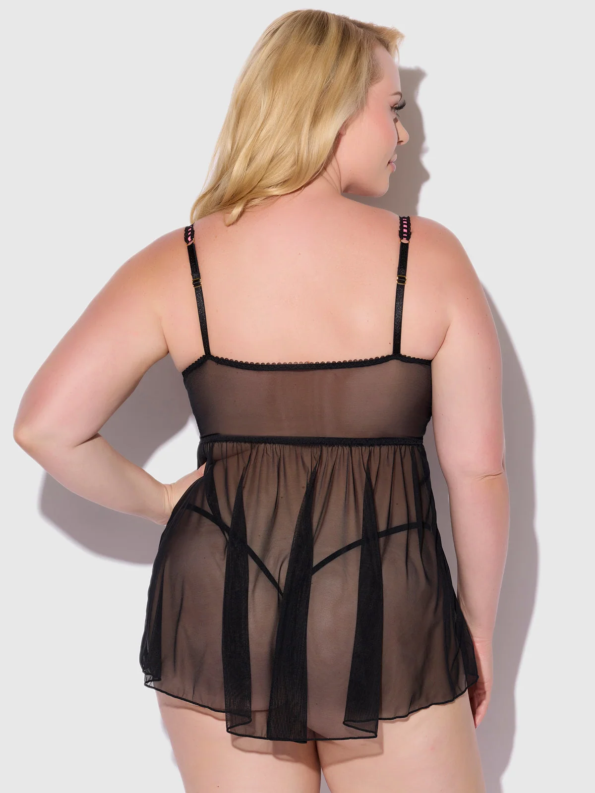 Harlow Embroidered Mesh Longline Babydoll in Black Pink Dragon